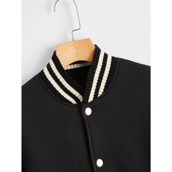 Striped Button Up varsity Bomber Jacket black white preppy vintage letterman - Picture 3 of 5